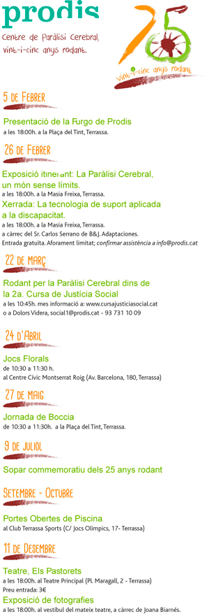 Programa de actos de la celebración de los 25 años del Centro de Prodis en Terrassa (Barcelona)