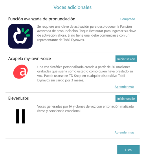 Algunas opciones de voz dentro de TD Snap.
